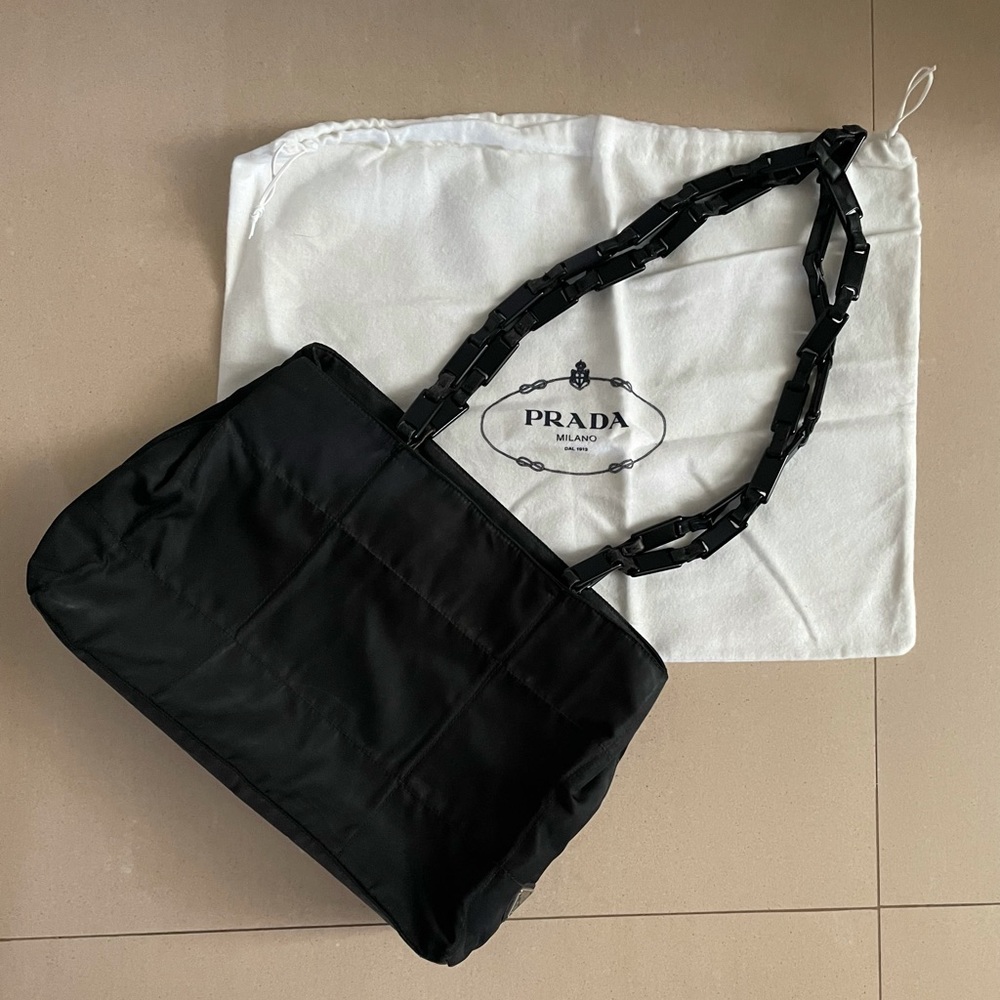 PRADA Tessuto Impuntura Nero black shoulder bag with leather & lucite straps